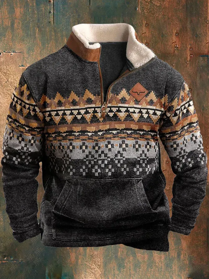 Men's Fur Collar Long Sleeve Jacket - Half Zip Printed Casual Fashion European American Trendy Coat for Spring Autumn showcase 13