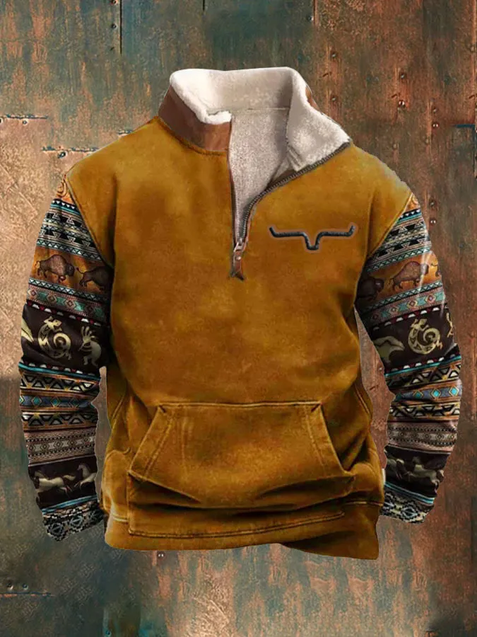 Men's Fur Collar Long Sleeve Jacket - Half Zip Printed Casual Fashion European American Trendy Coat for Spring Autumn showcase 17