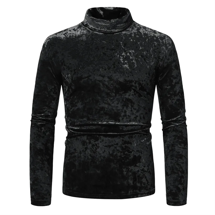 Men's Gold Velvet High Collar Long Sleeve T-Shirt - Slim Fit Casual Pullover Base Layer Top for Autumn Winter Fashion thumbnail 2