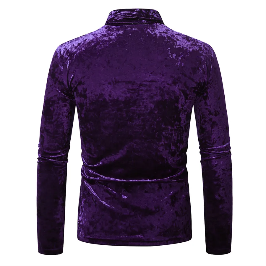 Men's Gold Velvet High Collar Long Sleeve T-Shirt - Slim Fit Casual Pullover Base Layer Top for Autumn Winter Fashion showcase 9