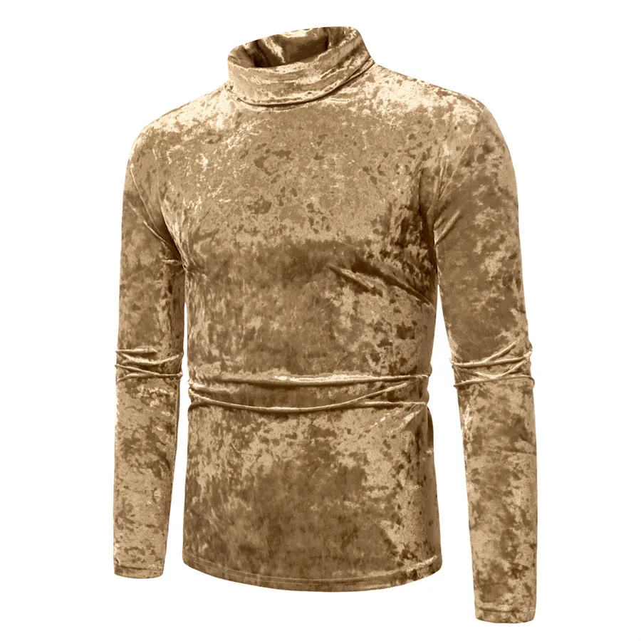 Men's Gold Velvet High Collar Long Sleeve T-Shirt - Slim Fit Casual Pullover Base Layer Top for Autumn Winter Fashion thumbnail 1