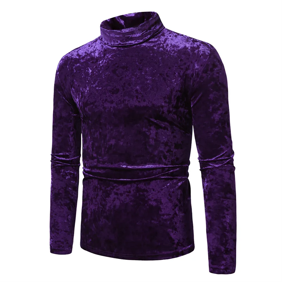 Men's Gold Velvet High Collar Long Sleeve T-Shirt - Slim Fit Casual Pullover Base Layer Top for Autumn Winter Fashion showcase 10
