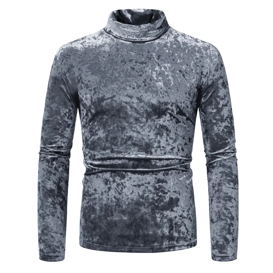 Men's Gold Velvet High Collar Long Sleeve T-Shirt - Slim Fit Casual Pullover Base Layer Top for Autumn Winter Fashion showcase 14