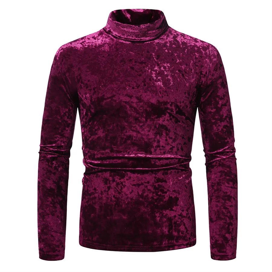Men's Gold Velvet High Collar Long Sleeve T-Shirt - Slim Fit Casual Pullover Base Layer Top for Autumn Winter Fashion showcase 16