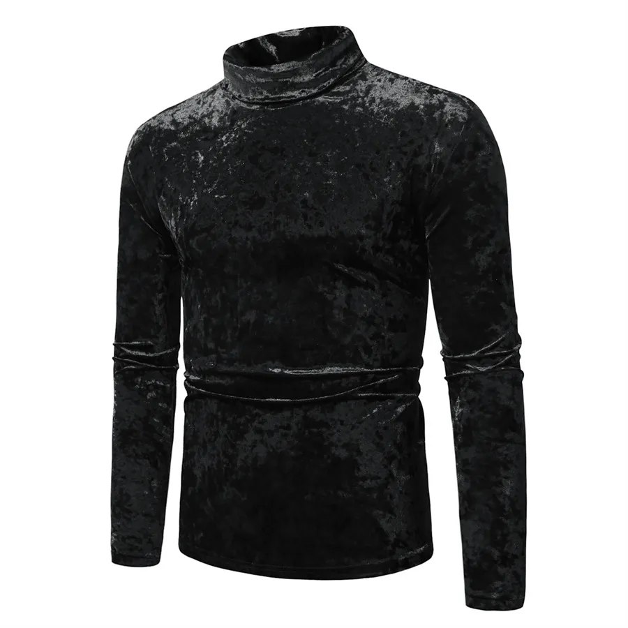 Men's Gold Velvet High Collar Long Sleeve T-Shirt - Slim Fit Casual Pullover Base Layer Top for Autumn Winter Fashion showcase 4