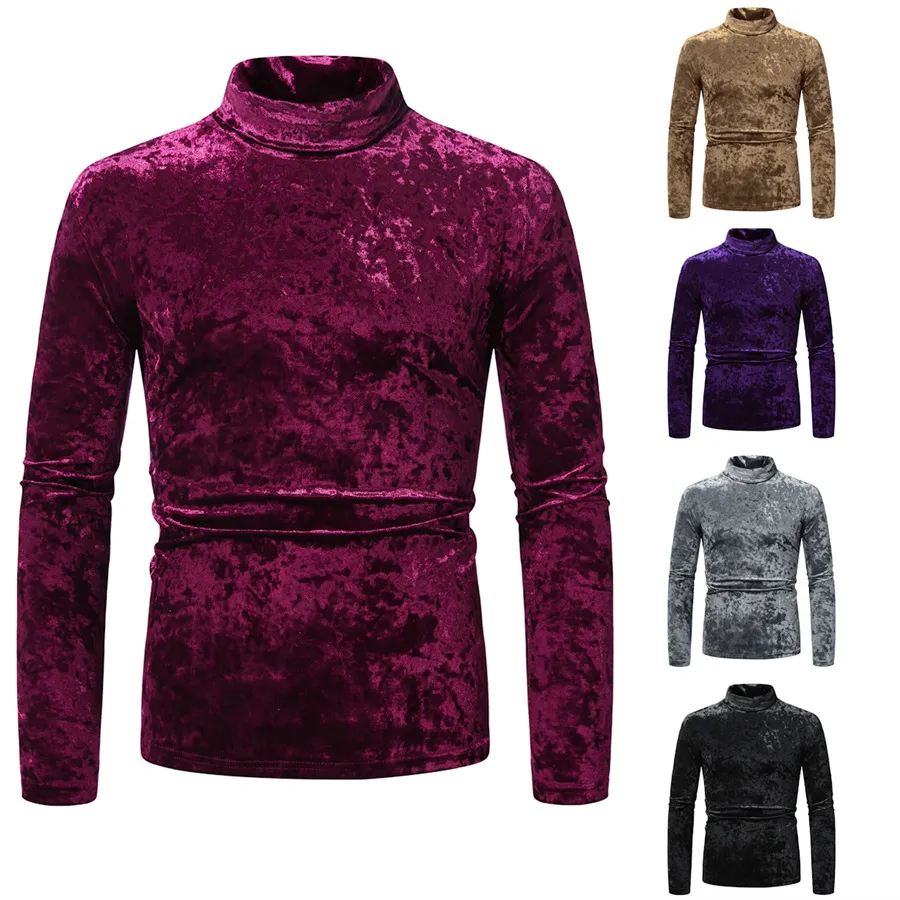 Men's Gold Velvet High Collar Long Sleeve T-Shirt - Slim Fit Casual Pullover Base Layer Top for Autumn Winter Fashion thumbnail 4