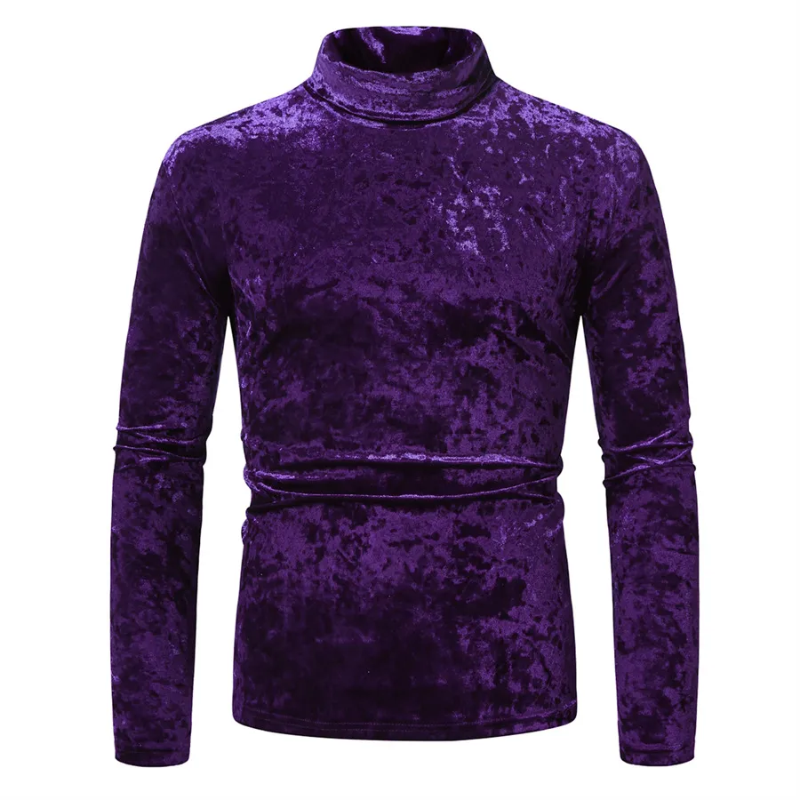 Men's Gold Velvet High Collar Long Sleeve T-Shirt - Slim Fit Casual Pullover Base Layer Top for Autumn Winter Fashion thumbnail 9