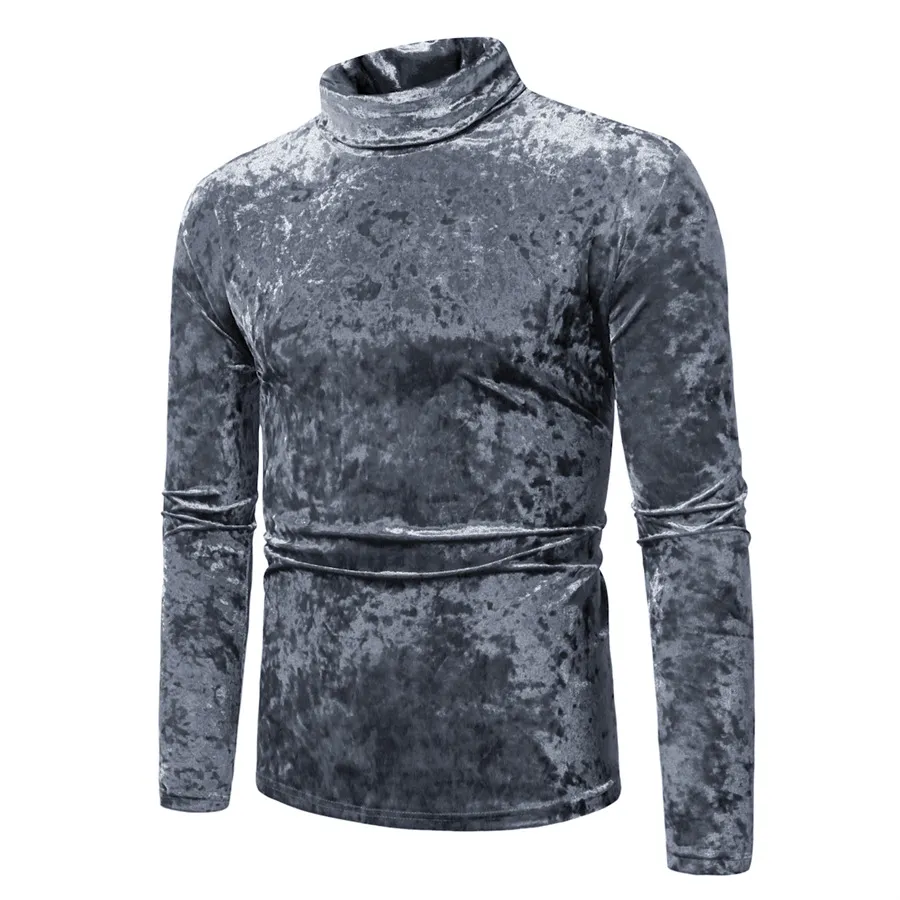 Men's Gold Velvet High Collar Long Sleeve T-Shirt - Slim Fit Casual Pullover Base Layer Top for Autumn Winter Fashion showcase 13