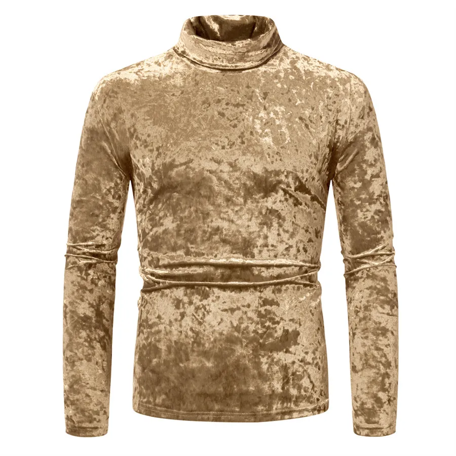 Men's Gold Velvet High Collar Long Sleeve T-Shirt - Slim Fit Casual Pullover Base Layer Top for Autumn Winter Fashion showcase 8