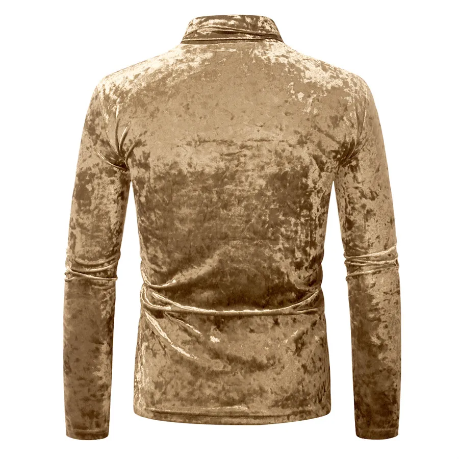 Men's Gold Velvet High Collar Long Sleeve T-Shirt - Slim Fit Casual Pullover Base Layer Top for Autumn Winter Fashion showcase 6