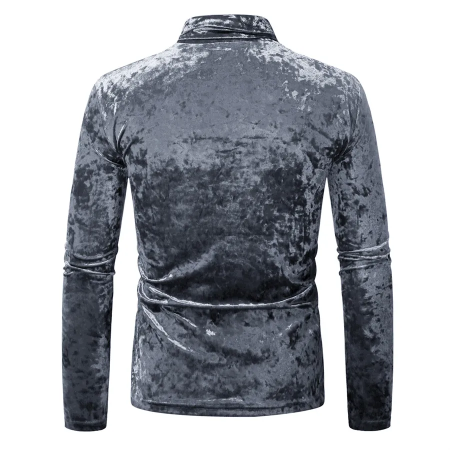 Men's Gold Velvet High Collar Long Sleeve T-Shirt - Slim Fit Casual Pullover Base Layer Top for Autumn Winter Fashion showcase 12