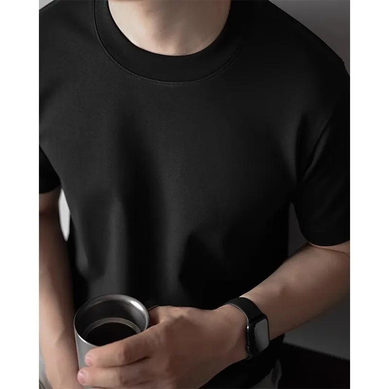 Men's Premium 60S Mercerized Xinjiang Long Staple Cotton T-Shirt - Heavyweight 240G Solid Color Crew Neck Tee for Summer showcase 3