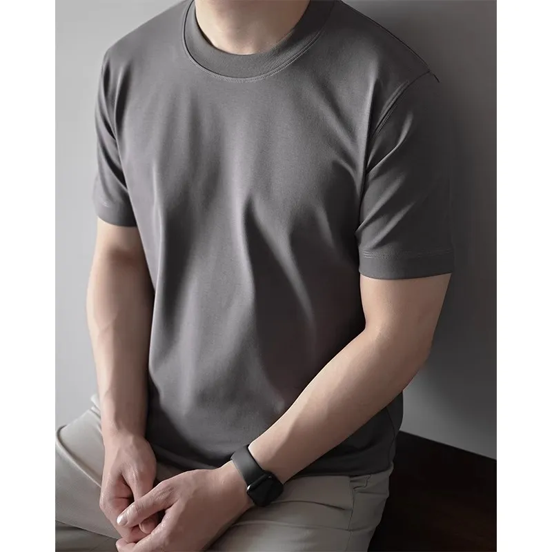 Men's Premium 60S Mercerized Xinjiang Long Staple Cotton T-Shirt - Heavyweight 240G Solid Color Crew Neck Tee for Summer showcase 4