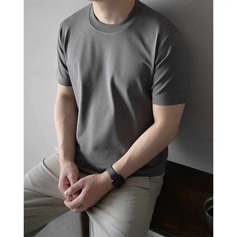 Men's Premium 60S Mercerized Xinjiang Long Staple Cotton T-Shirt - Heavyweight 240G Solid Color Crew Neck Tee for Summer thumbnail 6