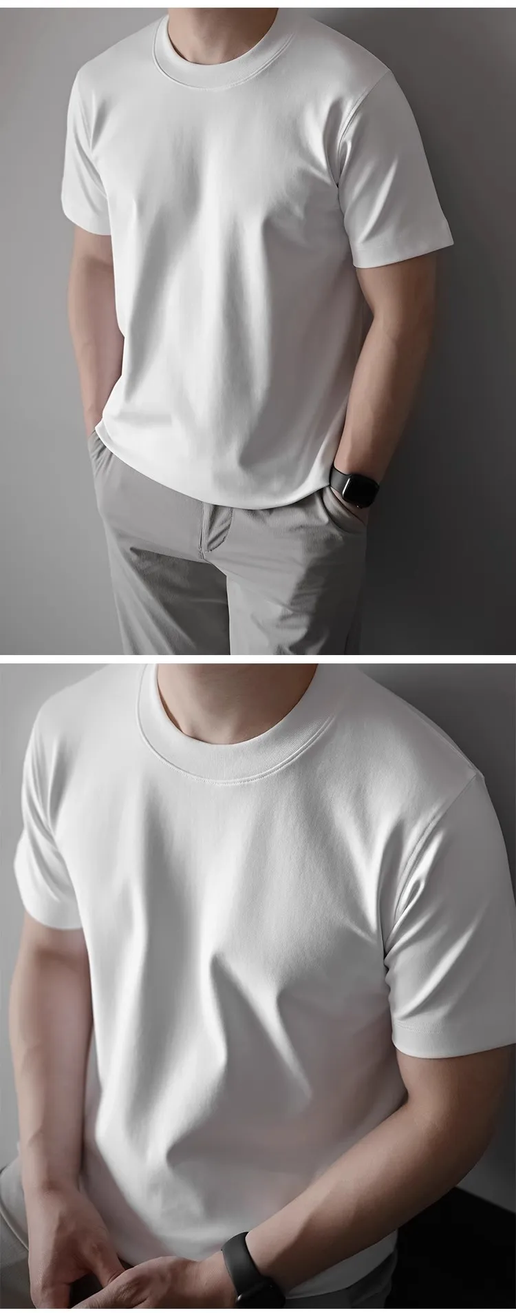 Men's Premium 60S Mercerized Xinjiang Long Staple Cotton T-Shirt - Heavyweight 240G Solid Color Crew Neck Tee for Summer showcase 12