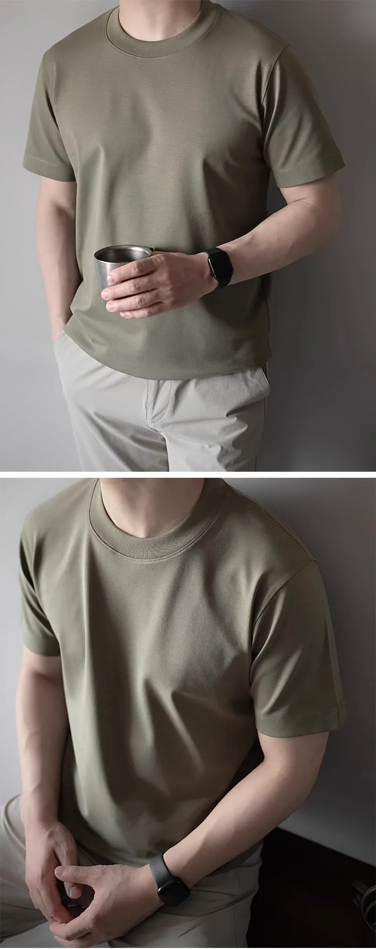 Men's Premium 60S Mercerized Xinjiang Long Staple Cotton T-Shirt - Heavyweight 240G Solid Color Crew Neck Tee for Summer showcase 20