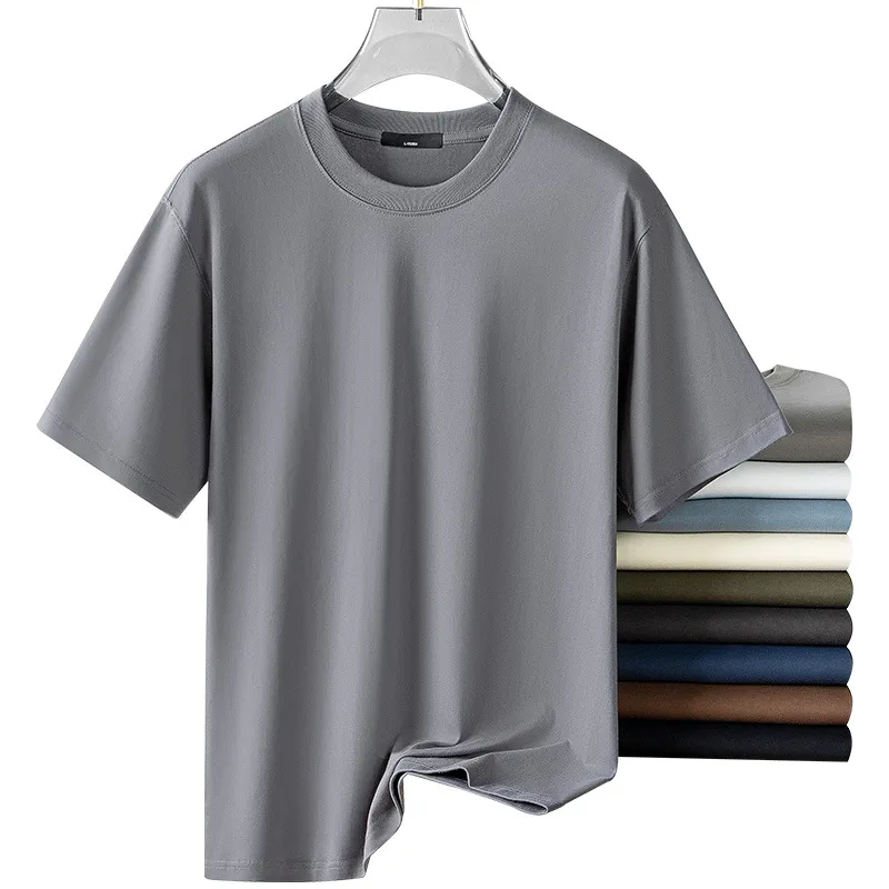 Men's Premium 60S Mercerized Xinjiang Long Staple Cotton T-Shirt - Heavyweight 240G Solid Color Crew Neck Tee for Summer thumbnail 5