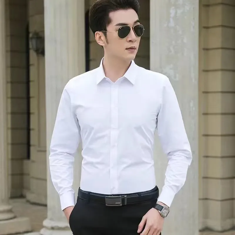 Men's White Long Sleeve Dress Shirt Slim Fit - Korean Style Business Casual Top - Solid Color Handsome Design for Spring/Autumn showcase 2