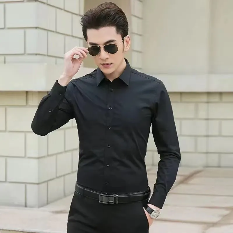 Men's White Long Sleeve Dress Shirt Slim Fit - Korean Style Business Casual Top - Solid Color Handsome Design for Spring/Autumn thumbnail 2