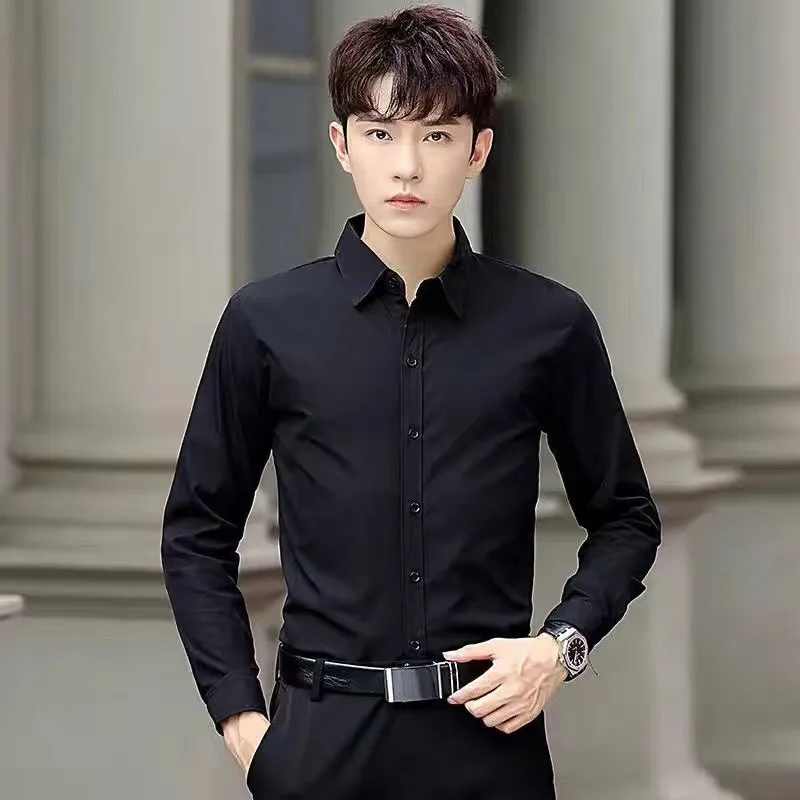 Men's White Long Sleeve Dress Shirt Slim Fit - Korean Style Business Casual Top - Solid Color Handsome Design for Spring/Autumn thumbnail 6