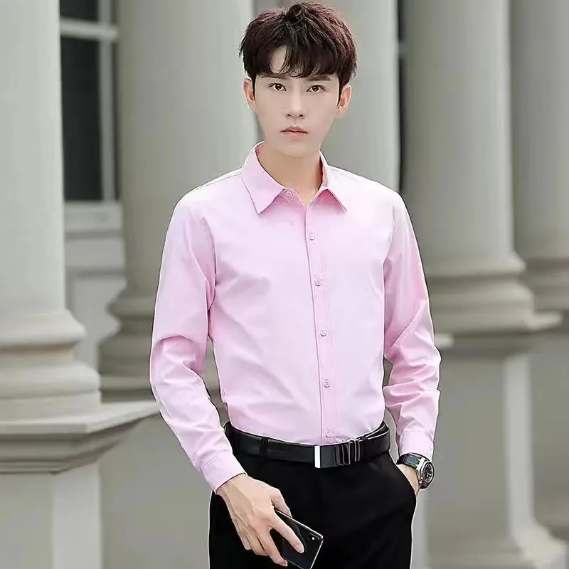 Men's White Long Sleeve Dress Shirt Slim Fit - Korean Style Business Casual Top - Solid Color Handsome Design for Spring/Autumn showcase 4