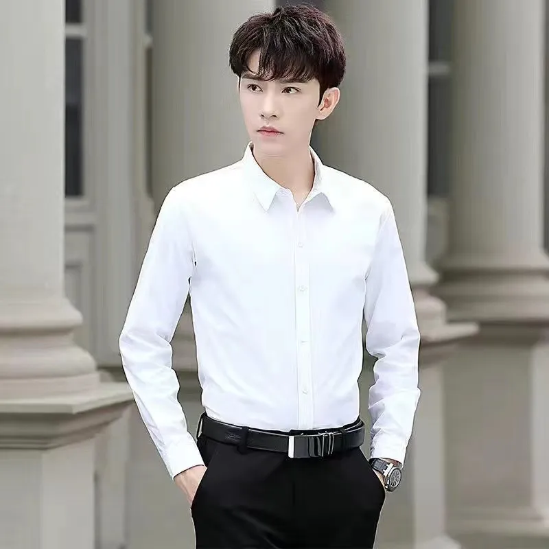 Men's White Long Sleeve Dress Shirt Slim Fit - Korean Style Business Casual Top - Solid Color Handsome Design for Spring/Autumn thumbnail 5