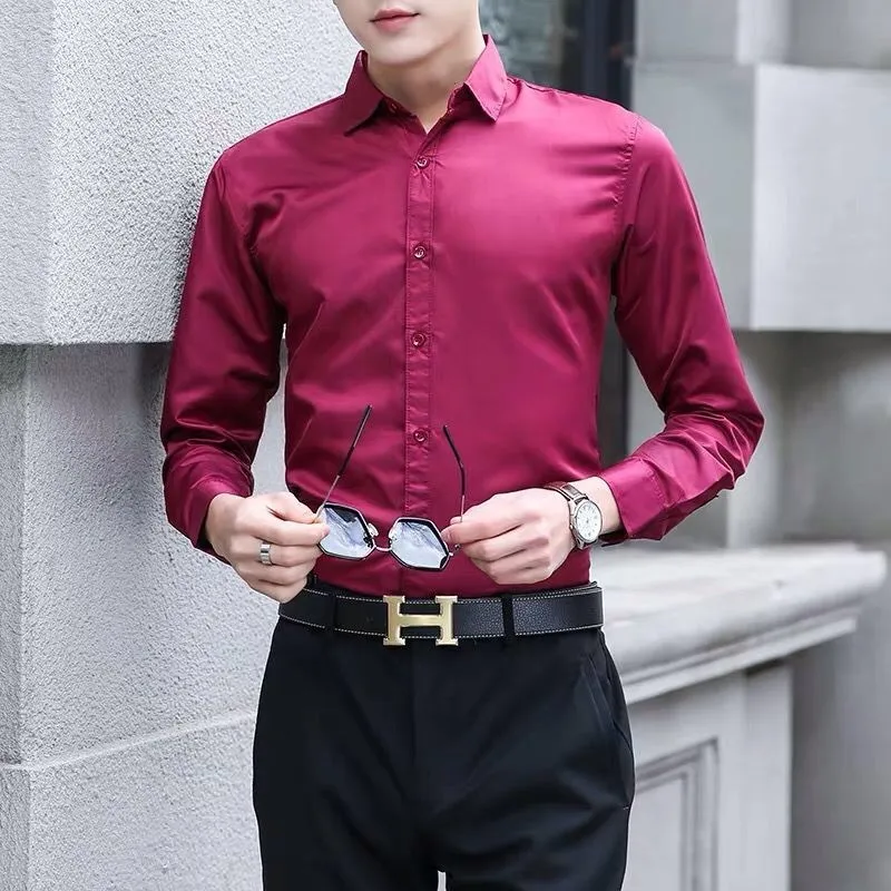 Men's White Long Sleeve Dress Shirt Slim Fit - Korean Style Business Casual Top - Solid Color Handsome Design for Spring/Autumn thumbnail 4