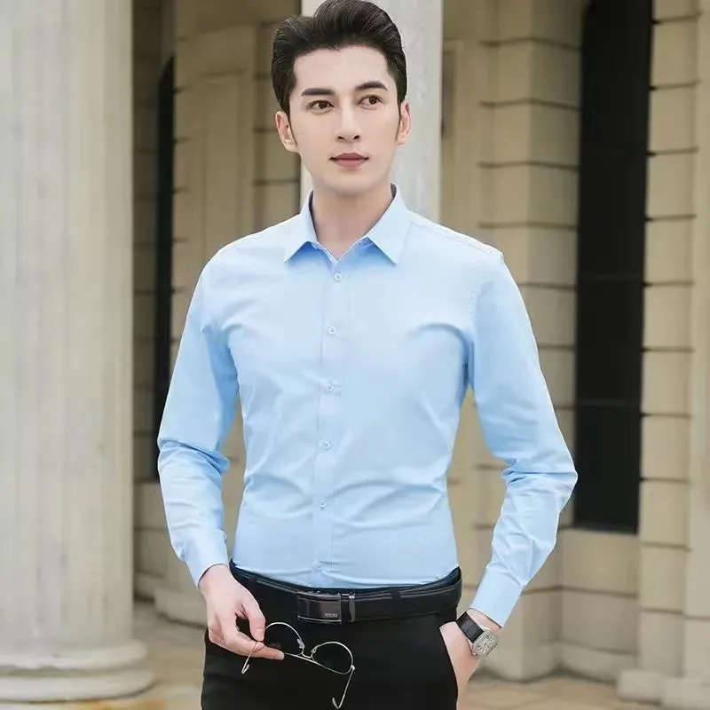 Men's White Long Sleeve Dress Shirt Slim Fit - Korean Style Business Casual Top - Solid Color Handsome Design for Spring/Autumn showcase 7
