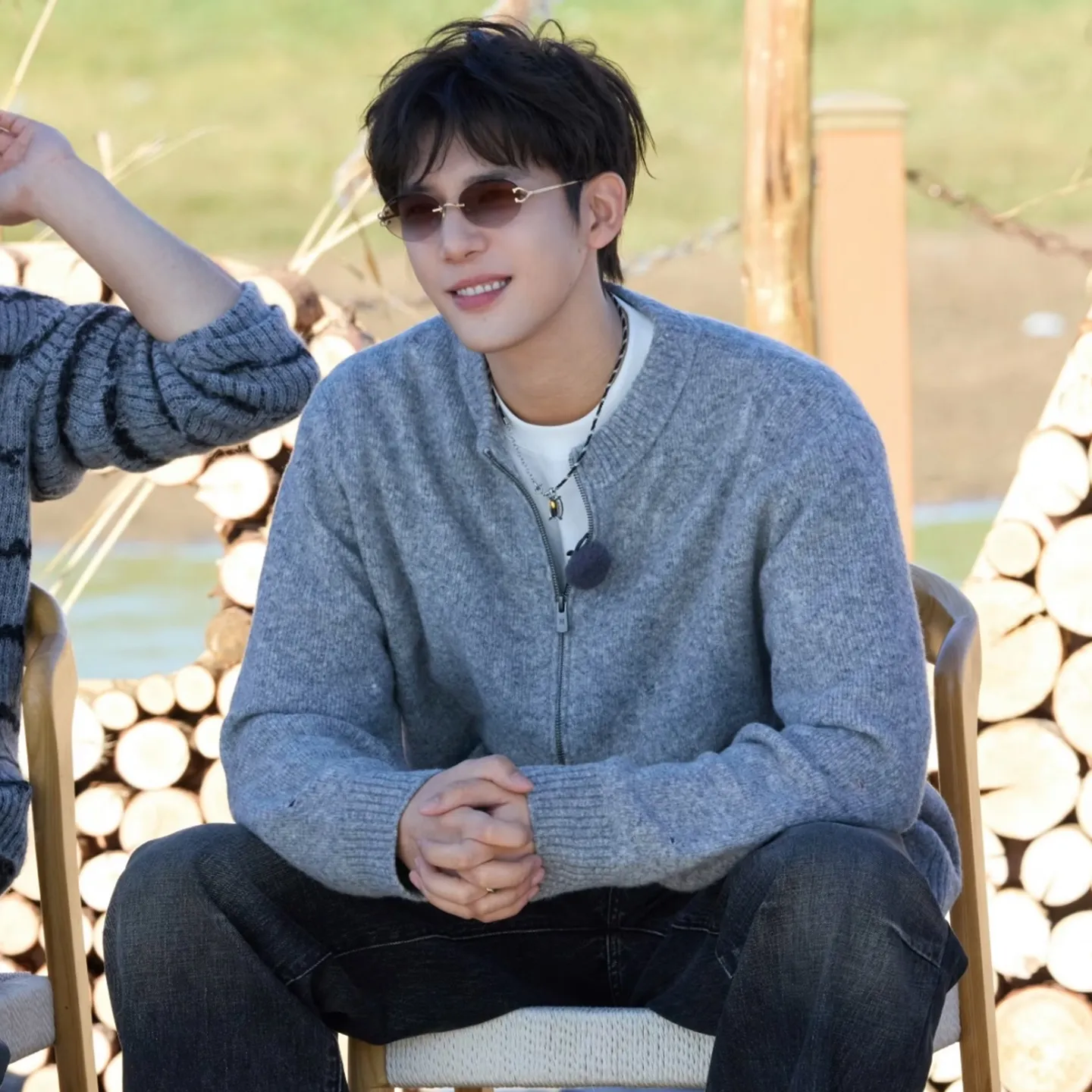Men's American Style Stand Collar Knitted Cardigan Sweater - Gray Knitwear Jacket for Couples - Wang Anyu Inspired thumbnail 1
