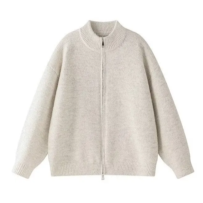 Men's American Style Stand Collar Knitted Cardigan Sweater - Gray Knitwear Jacket for Couples - Wang Anyu Inspired thumbnail 3