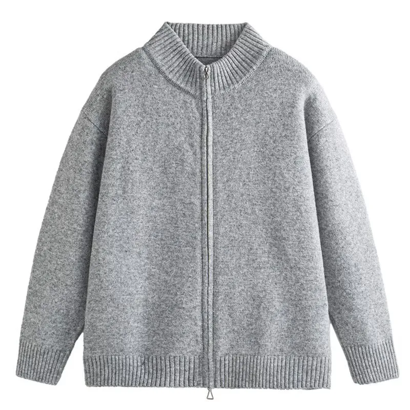 Men's American Style Stand Collar Knitted Cardigan Sweater - Gray Knitwear Jacket for Couples - Wang Anyu Inspired thumbnail 5