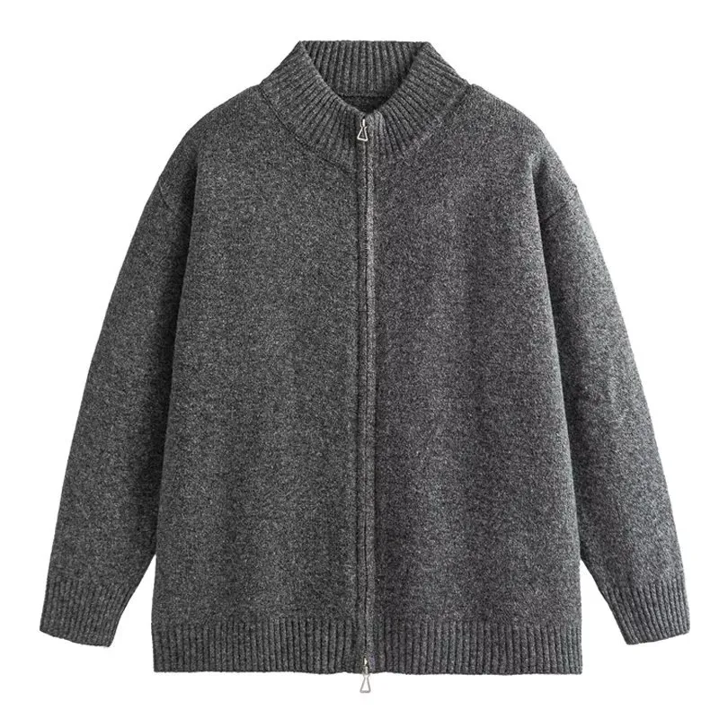 Men's American Style Stand Collar Knitted Cardigan Sweater - Gray Knitwear Jacket for Couples - Wang Anyu Inspired thumbnail 4