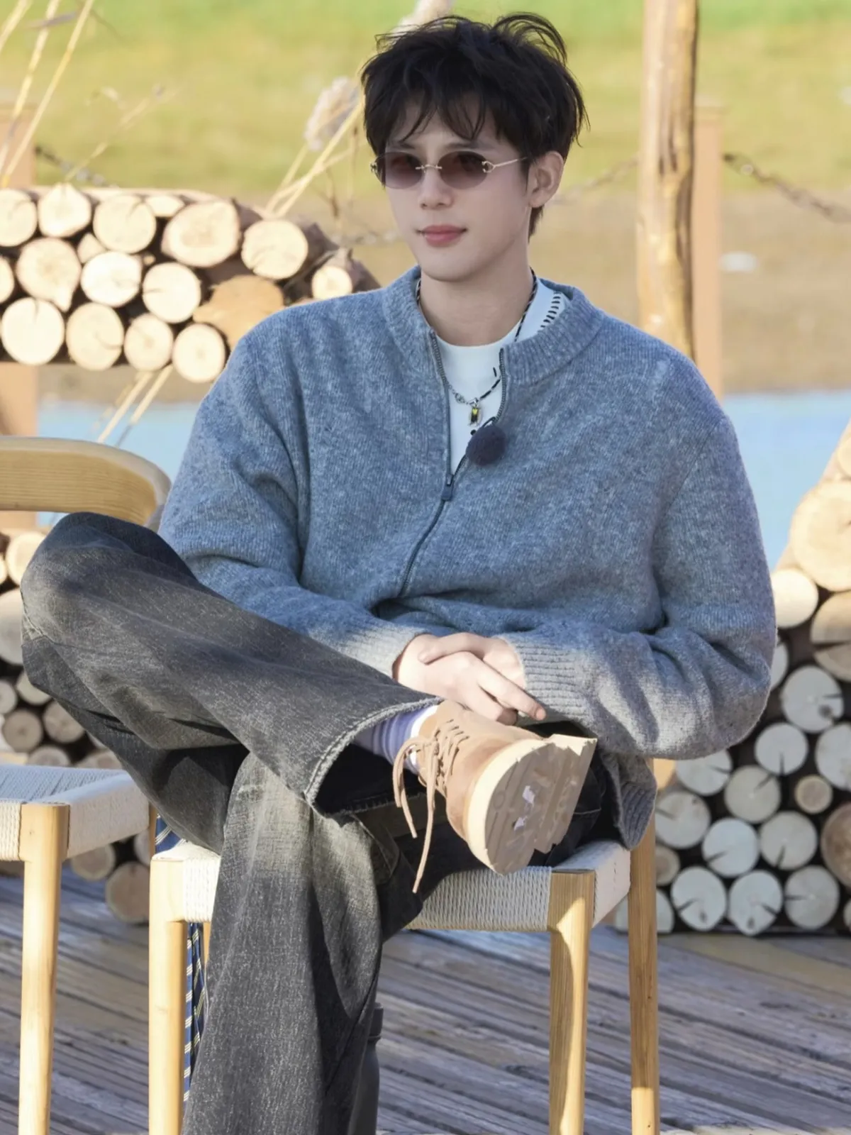 Men's American Style Stand Collar Knitted Cardigan Sweater - Gray Knitwear Jacket for Couples - Wang Anyu Inspired showcase 3