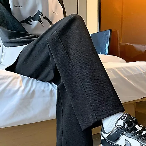 Men's Casual Straight Leg Pants - Spring/Autumn Trendy Loose Fit Sports Trousers with Wide Leg Design - Black