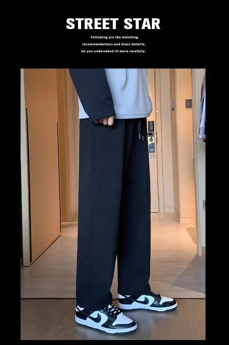 Men's Casual Straight Leg Pants - Spring/Autumn Trendy Loose Fit Sports Trousers with Wide Leg Design - Black showcase 3