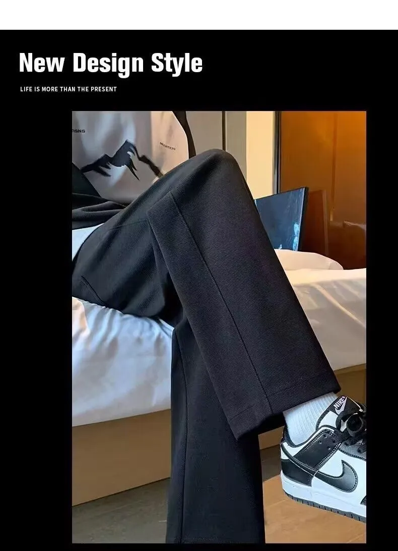 Men's Casual Straight Leg Pants - Spring/Autumn Trendy Loose Fit Sports Trousers with Wide Leg Design - Black showcase 2