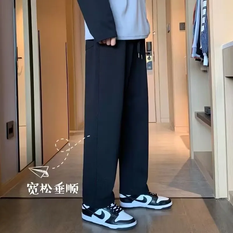 Men's Casual Straight Leg Pants - Spring/Autumn Trendy Loose Fit Sports Trousers with Wide Leg Design - Black showcase 5