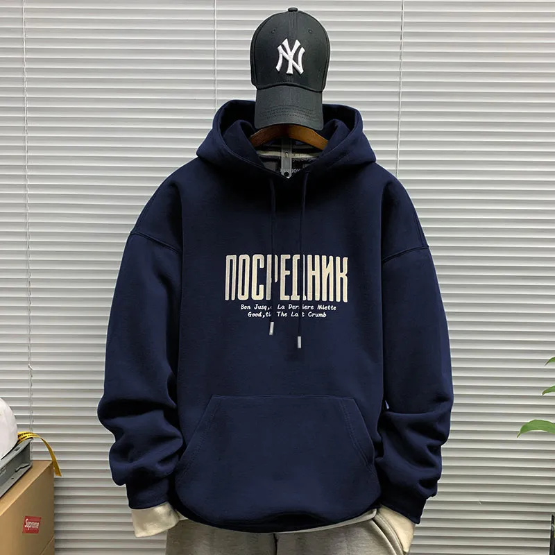 Men's Hooded Sweatshirt Fleece Lined Thickened Pullover Yu Wenle Style Loose Fit Trendy All-Match Top for Casual Wear thumbnail 1