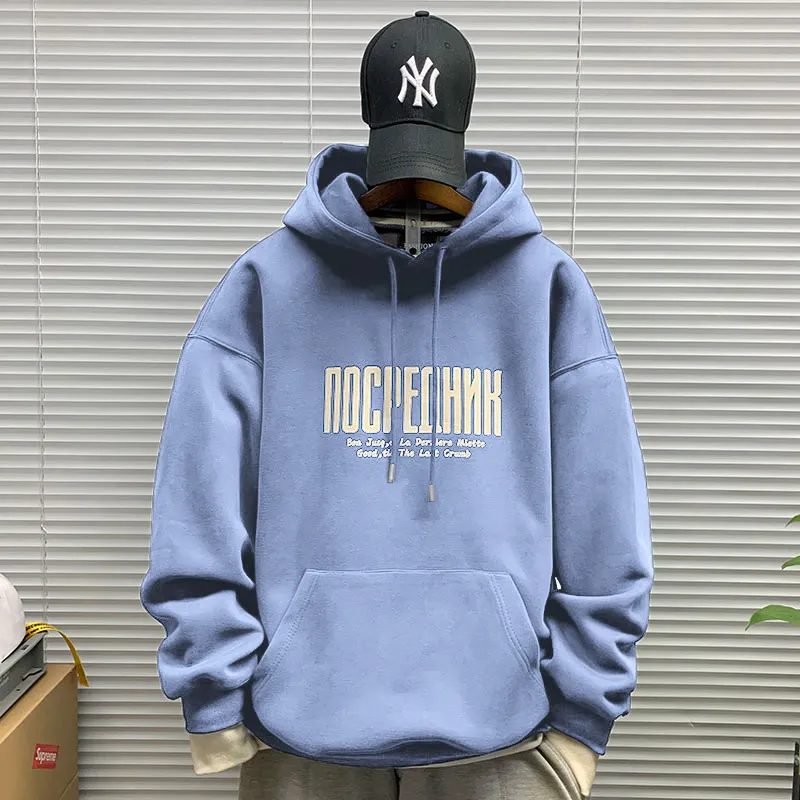 Men's Hooded Sweatshirt Fleece Lined Thickened Pullover Yu Wenle Style Loose Fit Trendy All-Match Top for Casual Wear showcase 13