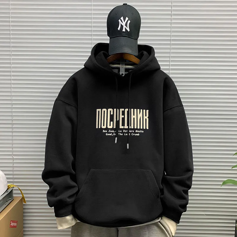 Men's Hooded Sweatshirt Fleece Lined Thickened Pullover Yu Wenle Style Loose Fit Trendy All-Match Top for Casual Wear showcase 11