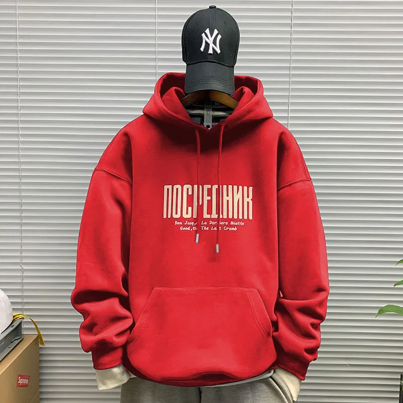 Men's Hooded Sweatshirt Fleece Lined Thickened Pullover Yu Wenle Style Loose Fit Trendy All-Match Top for Casual Wear showcase 12