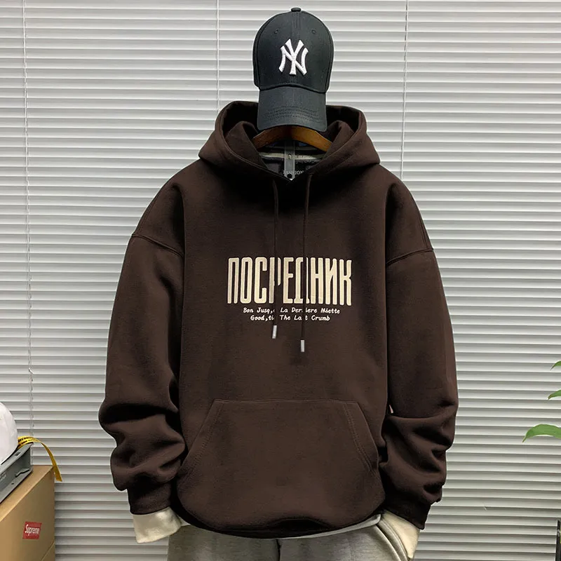 Men's Hooded Sweatshirt Fleece Lined Thickened Pullover Yu Wenle Style Loose Fit Trendy All-Match Top for Casual Wear showcase 16