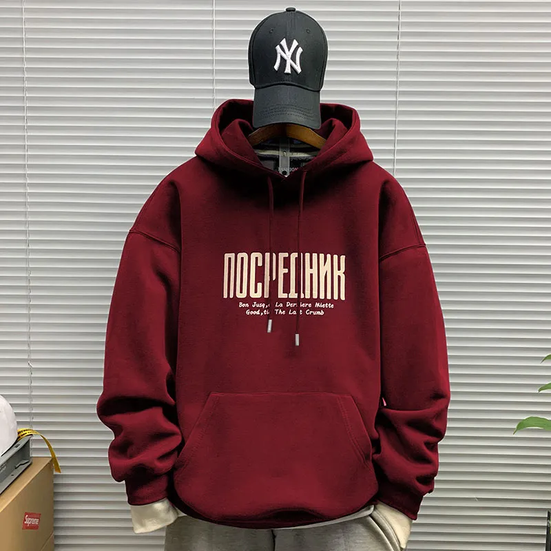 Men's Hooded Sweatshirt Fleece Lined Thickened Pullover Yu Wenle Style Loose Fit Trendy All-Match Top for Casual Wear showcase 15