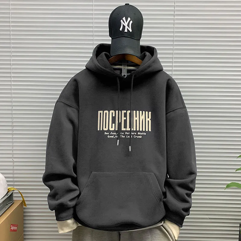Men's Hooded Sweatshirt Fleece Lined Thickened Pullover Yu Wenle Style Loose Fit Trendy All-Match Top for Casual Wear showcase 18