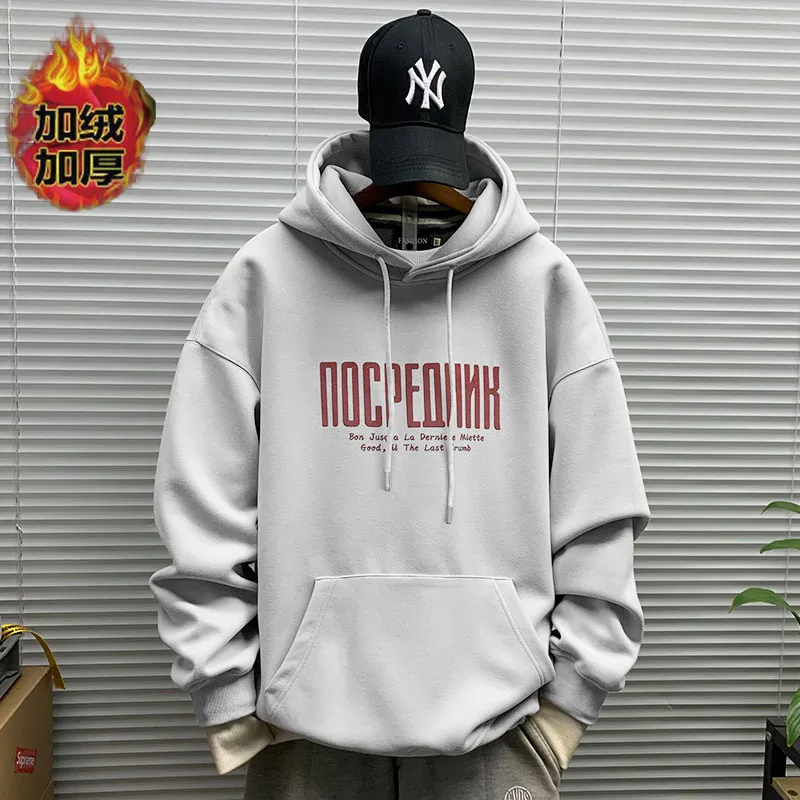 Men's Hooded Sweatshirt Fleece Lined Thickened Pullover Yu Wenle Style Loose Fit Trendy All-Match Top for Casual Wear thumbnail 9