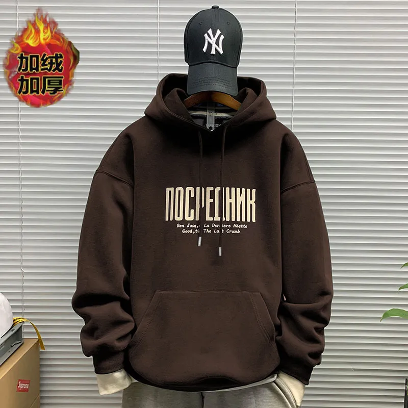 Men's Hooded Sweatshirt Fleece Lined Thickened Pullover Yu Wenle Style Loose Fit Trendy All-Match Top for Casual Wear thumbnail 8