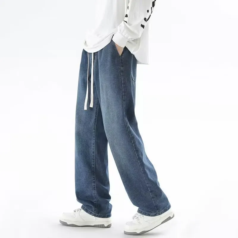 Men's Japanese Style Drawstring Jeans - Loose Fit Straight Leg Wide Leg Casual Trendy Long Trousers - Elastic Waist Denim Pants 2024 showcase 7