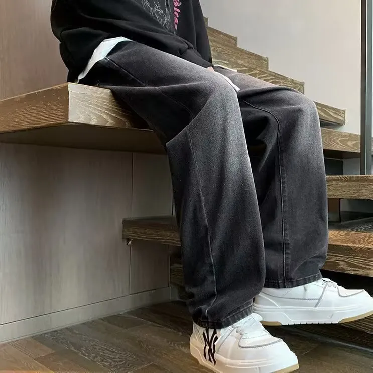 Men's Japanese Style Drawstring Jeans - Loose Fit Straight Leg Wide Leg Casual Trendy Long Trousers - Elastic Waist Denim Pants 2024 showcase 3