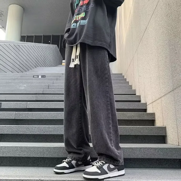 Men's Japanese Style Drawstring Jeans - Loose Fit Straight Leg Wide Leg Casual Trendy Long Trousers - Elastic Waist Denim Pants 2024 thumbnail 9