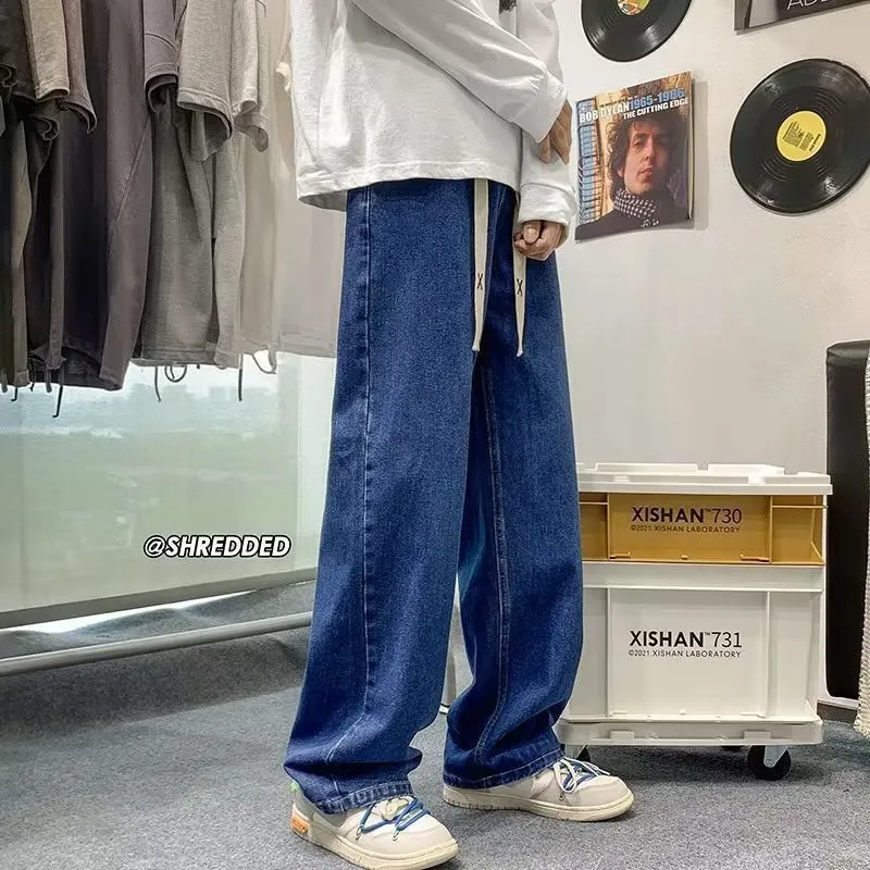 Men's Japanese Style Drawstring Jeans - Loose Fit Straight Leg Wide Leg Casual Trendy Long Trousers - Elastic Waist Denim Pants 2024 thumbnail 10